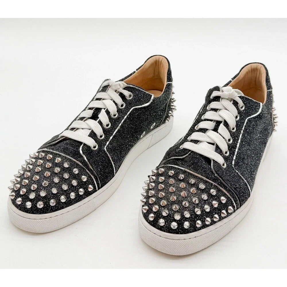 Christian Louboutin Vieira 2 Low Top Sneaker Black Glitter Silver Spikes EU 41 - Picture 11 of 15